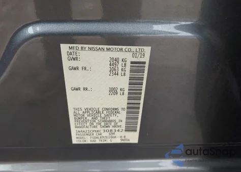 2019 Nissan Leaf S z USA, uszkodzony, nr VIN 1N4AZ1CPXKC308342